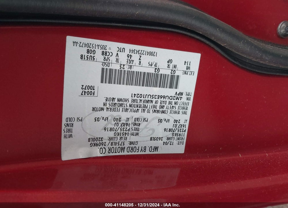 2005 MERCURY MOUNTAINEER VIN: 4M2DU66E35UJ10241