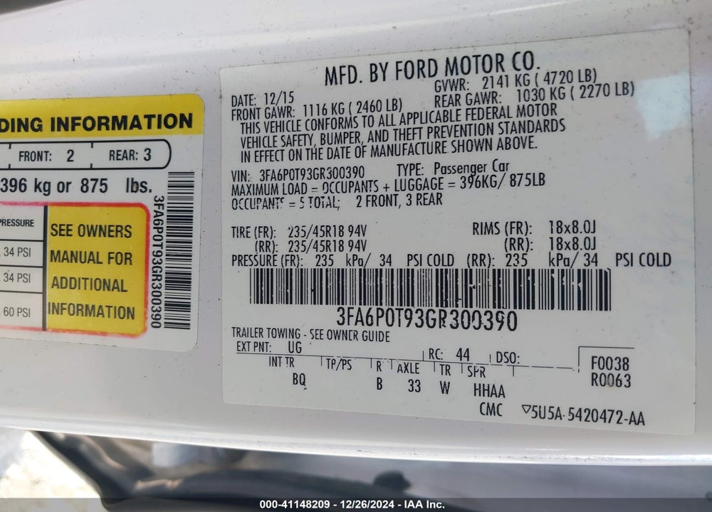 2016 FORD FUSION VIN: 3FA6P0T93GR300390