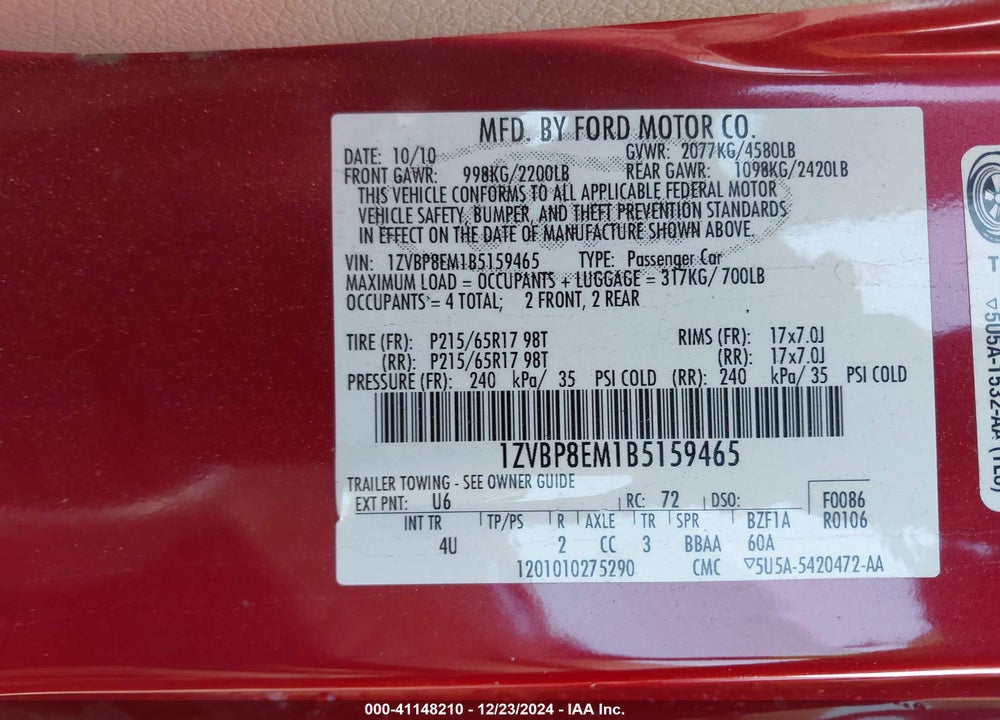 2011 FORD MUSTANG VIN: 1ZVBP8EM1B5159465