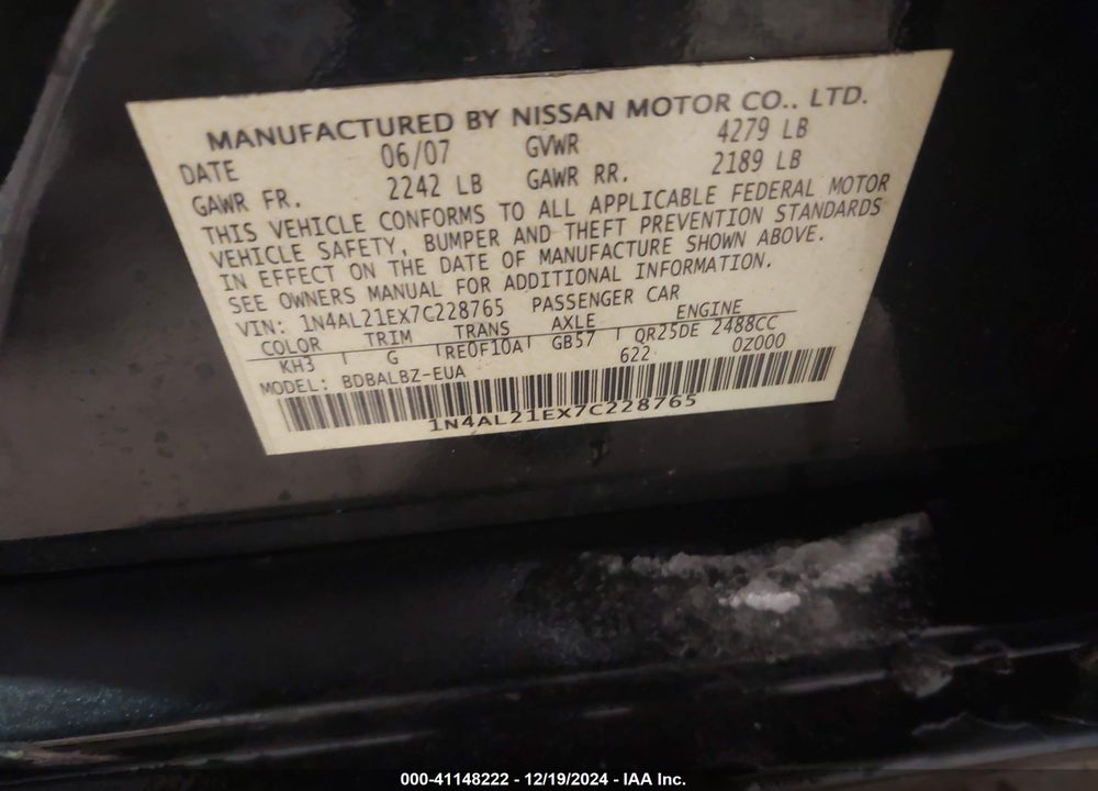 2007 NISSAN ALTIMA 2.5 S VIN: 1N4AL21EX7C228765