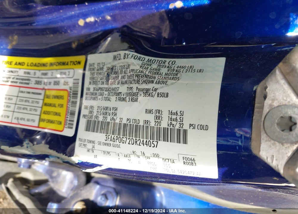 2013 FORD FUSION S VIN: 3FA6P0G72DR244057