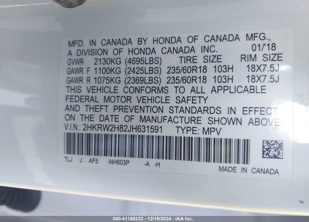 2018 HONDA CR-V EX-L/EX-L NAVI VIN: 2HKRW2H82JH631591