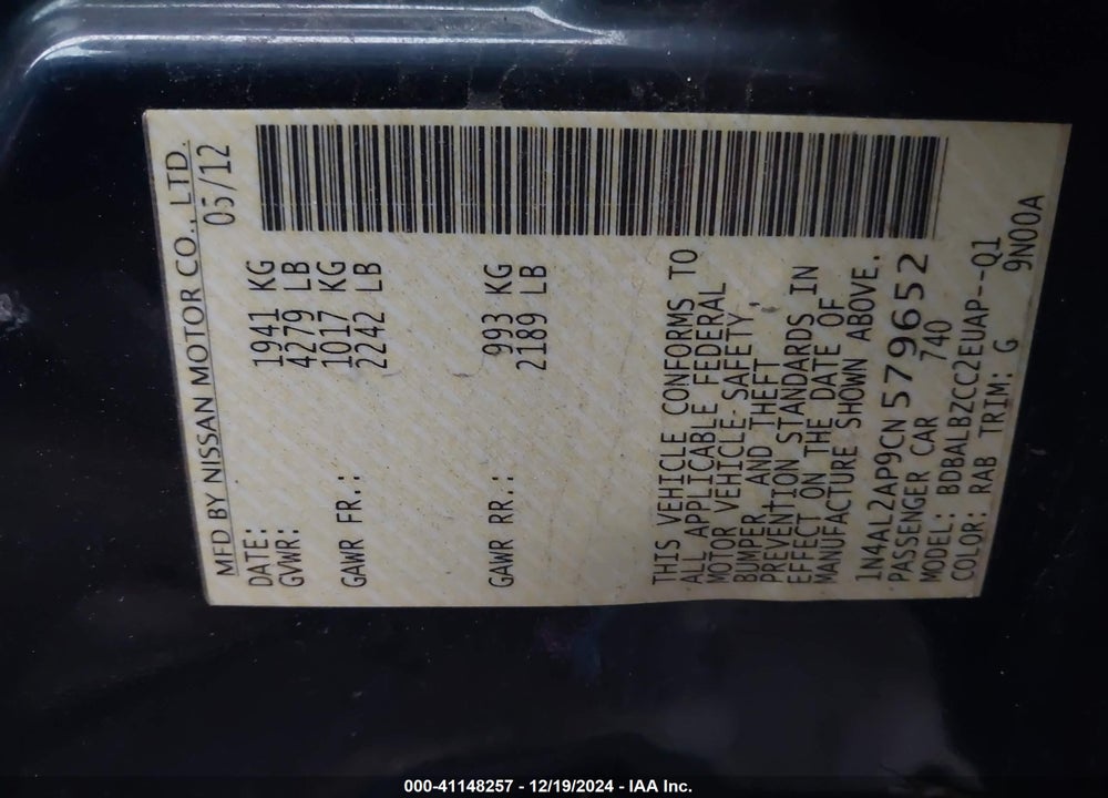 2012 NISSAN ALTIMA 2.5 S VIN: 1N4AL2AP9CN579652
