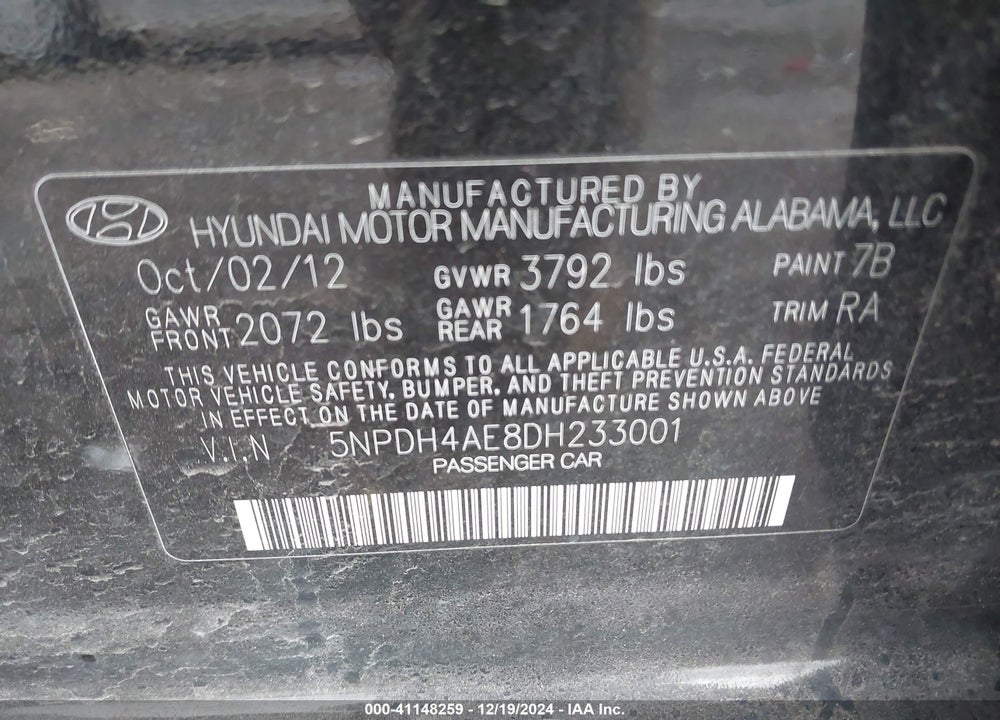 2013 HYUNDAI ELANTRA VIN: 5NPDH4AE8DH233001