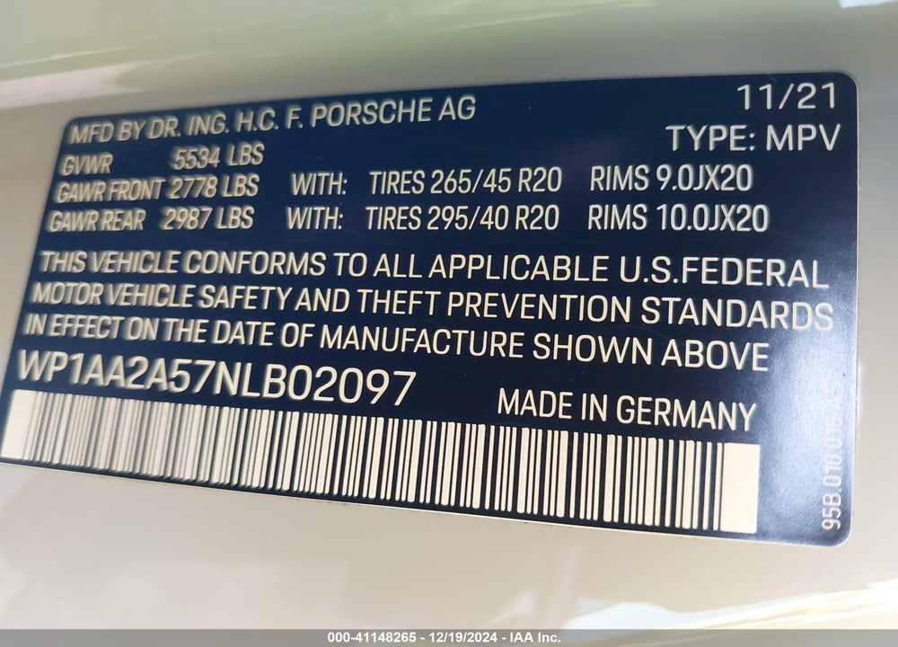 2022 PORSCHE MACAN VIN: WP1AA2A57NLB02097