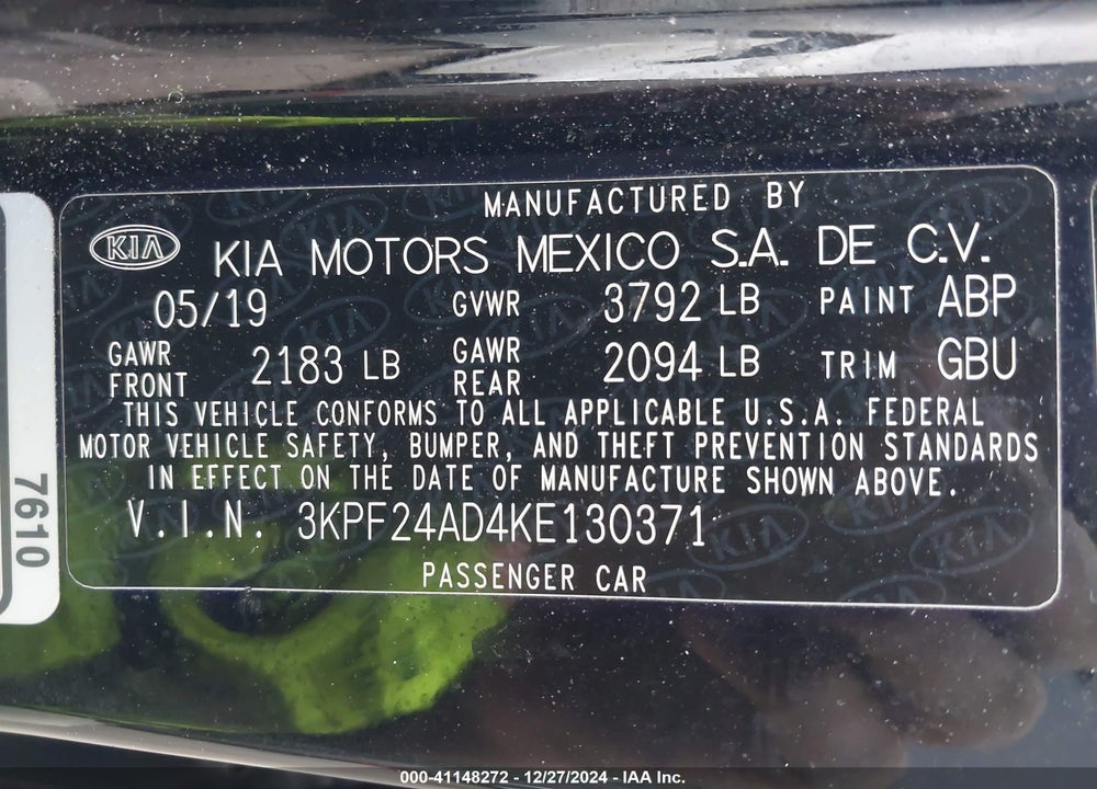 2019 KIA FORTE VIN: 3KPF24AD4KE130371