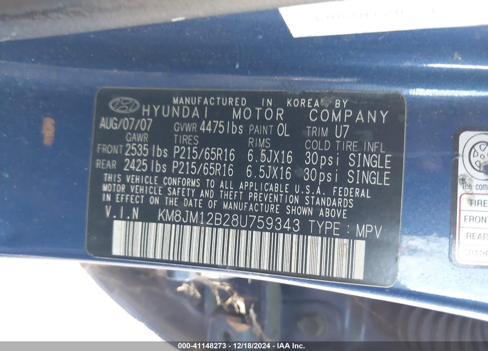 2008 HYUNDAI TUCSON GLS VIN: KM8JM12B28U759343