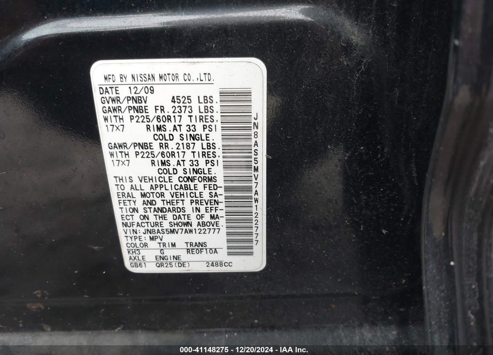 2010 NISSAN ROGUE SL VIN: JN8AS5MV7AW122777