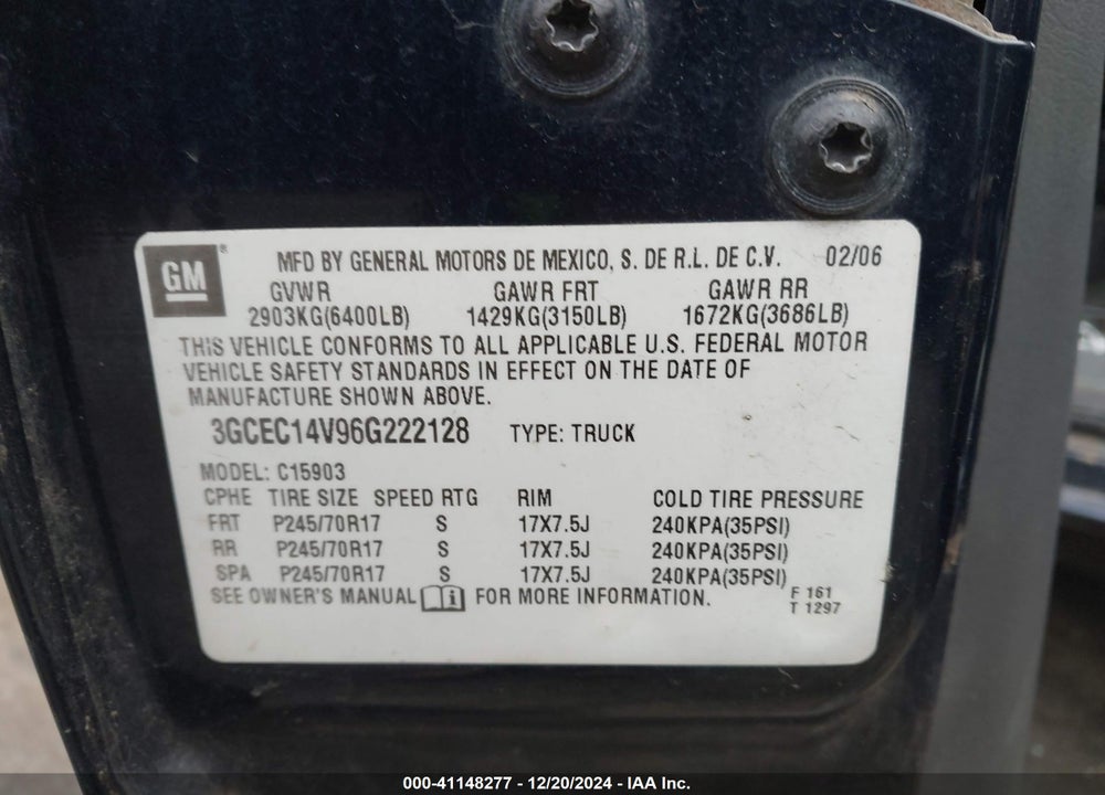 2006 CHEVROLET SILVERADO 1500 VIN: 3GCEC14V96G222128