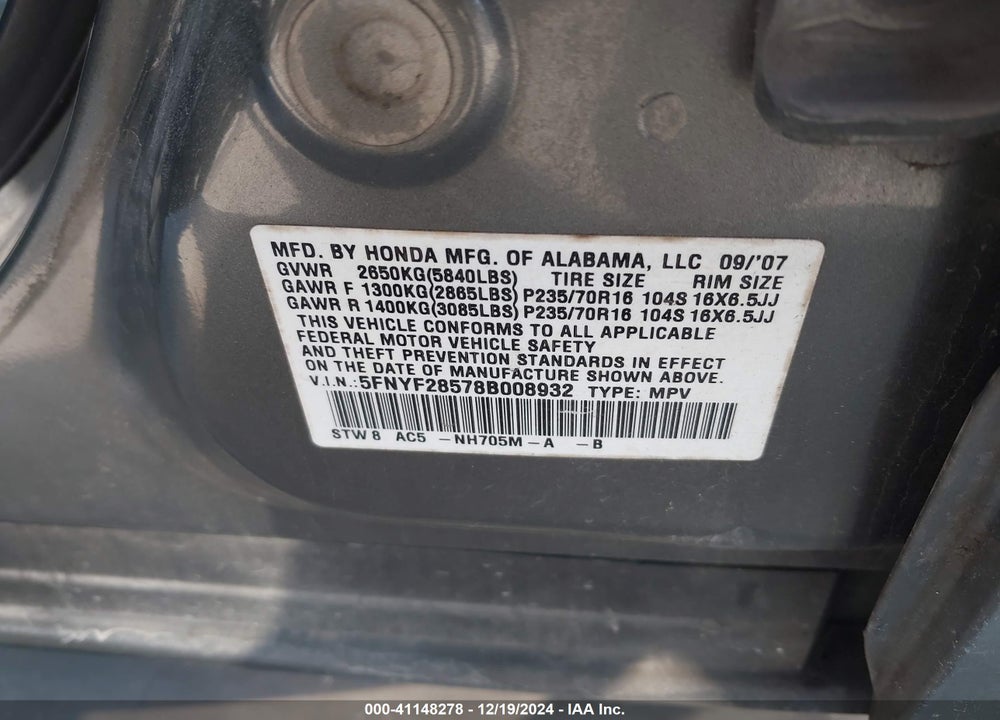 2008 HONDA PILOT EX-L VIN: 5FNYF28578B008932