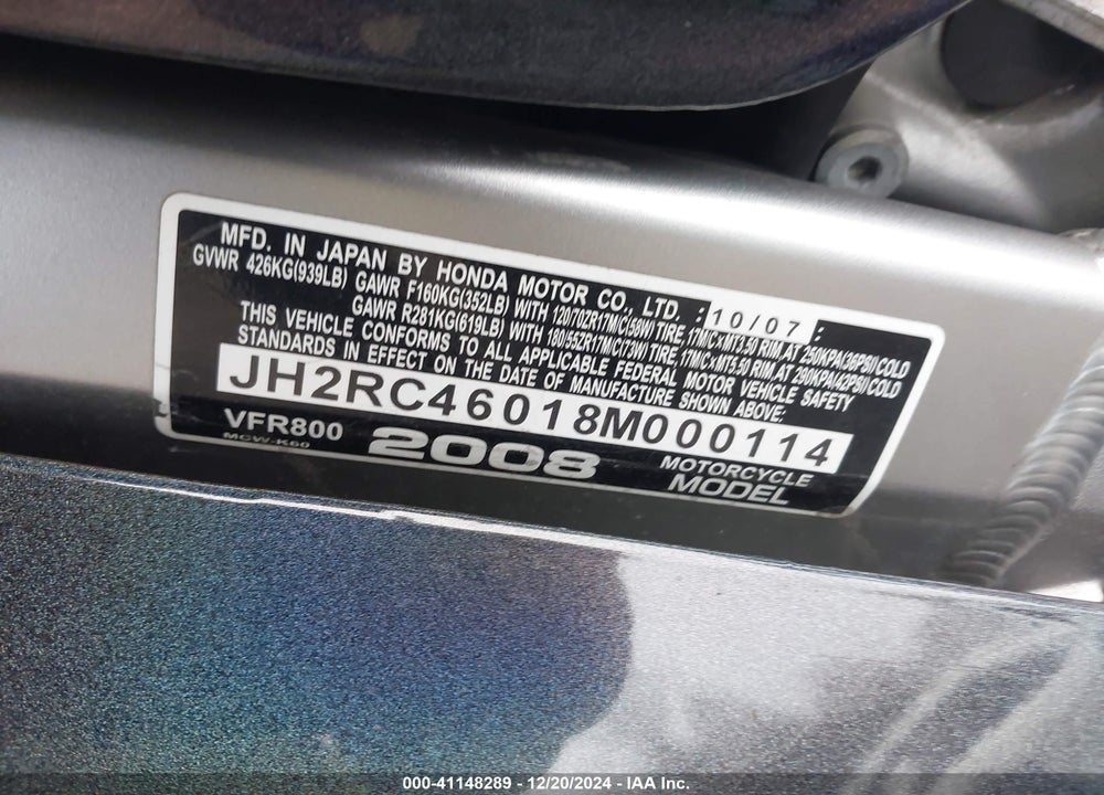 2008 HONDA VFR800 VIN: JH2RC46018M000114