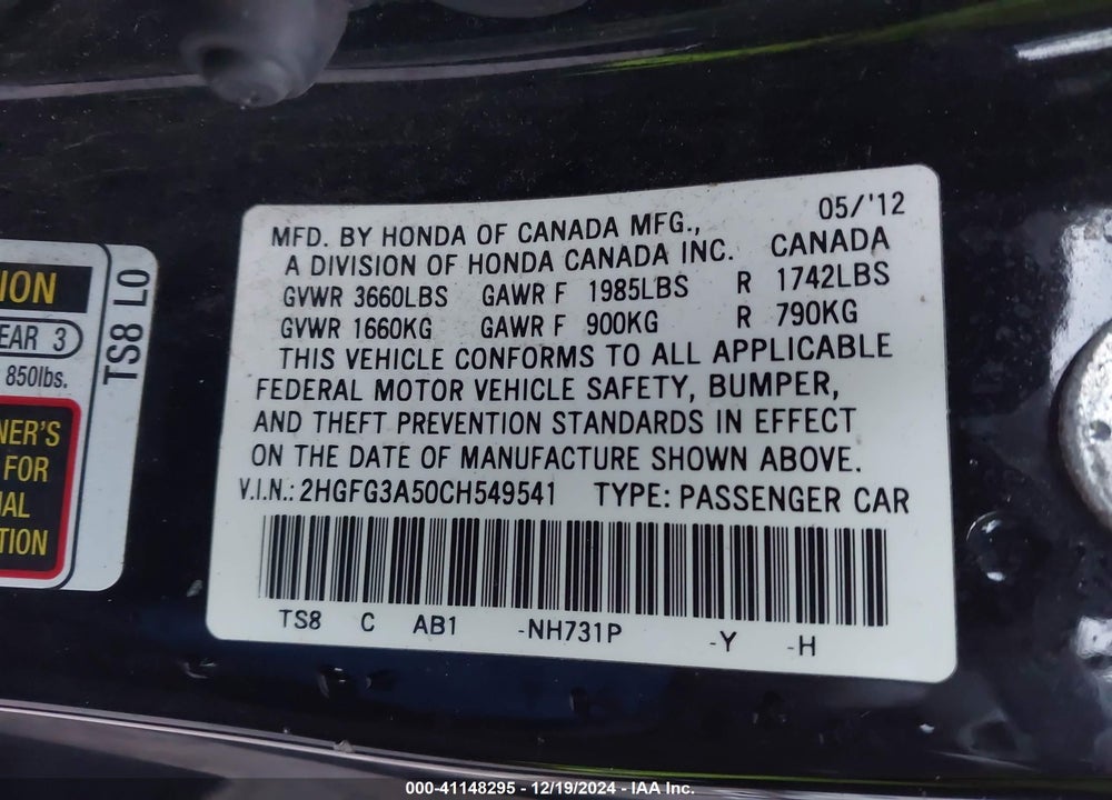 2012 HONDA CIVIC LX VIN: 2HGFG3A50CH549541