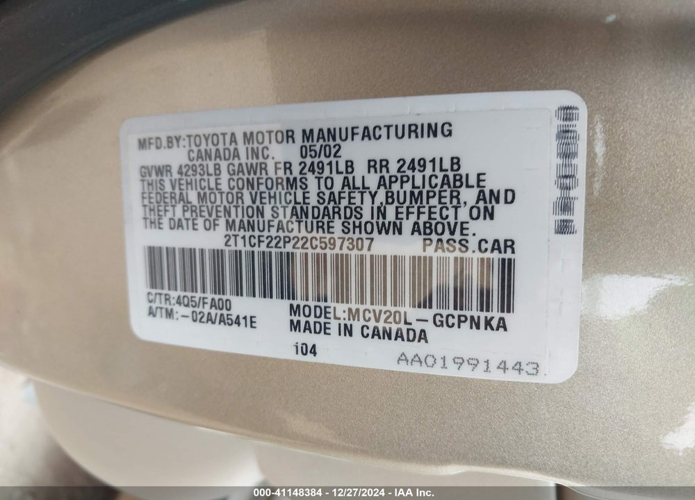 2002 TOYOTA CAMRY SOLARA SE V6 VIN: 2T1CF22P22C597307