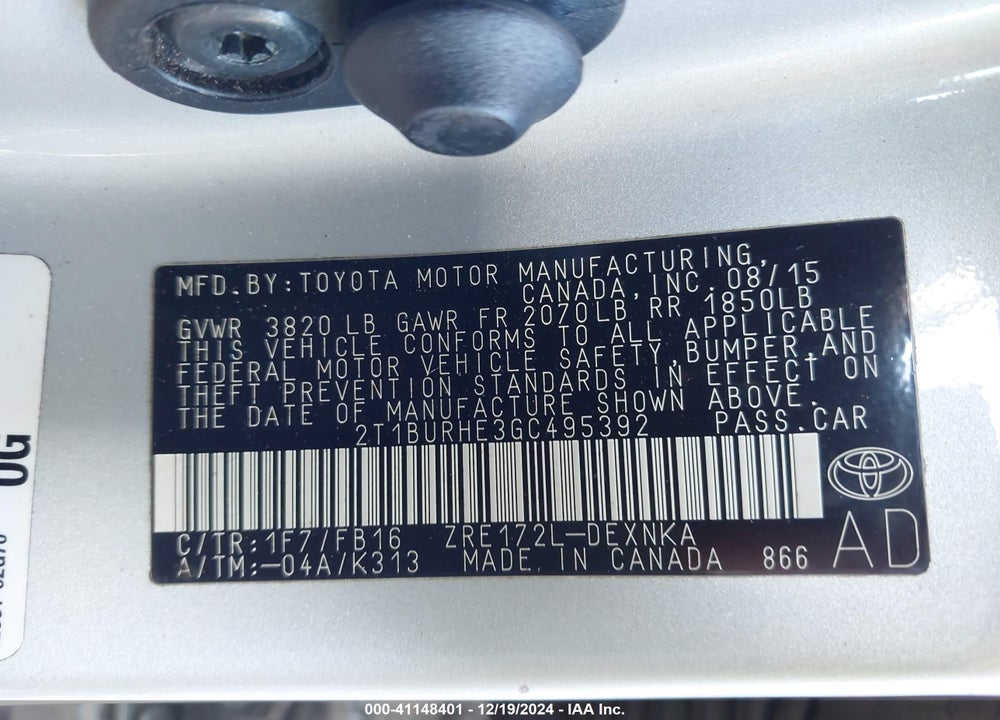 2016 TOYOTA COROLLA LE VIN: 2T1BURHE3GC495392
