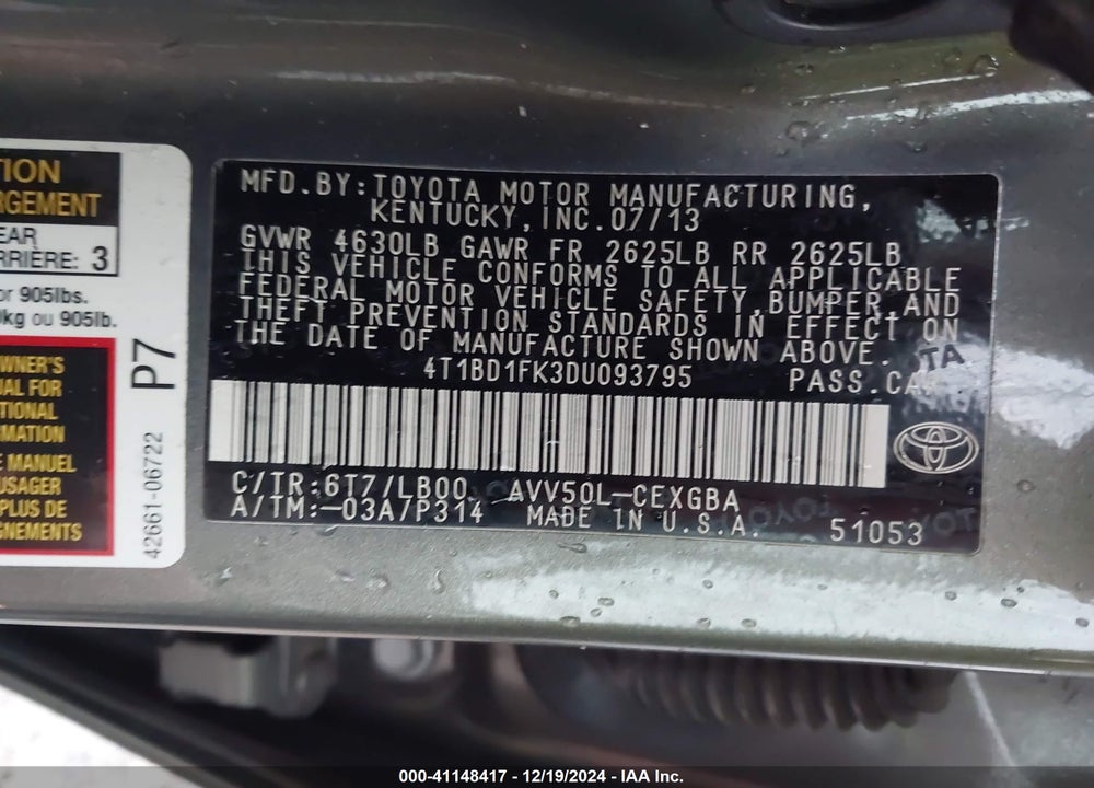 2013 TOYOTA CAMRY HYBRID XLE VIN: 4T1BD1FK3DU093795