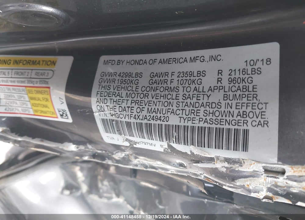 2018 HONDA ACCORD EX VIN: 1HGCV1F4XJA249420