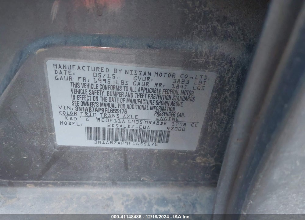 2015 NISSAN SENTRA FE+ S/S/SL/SR/SV VIN: 3N1AB7AP9FL655176
