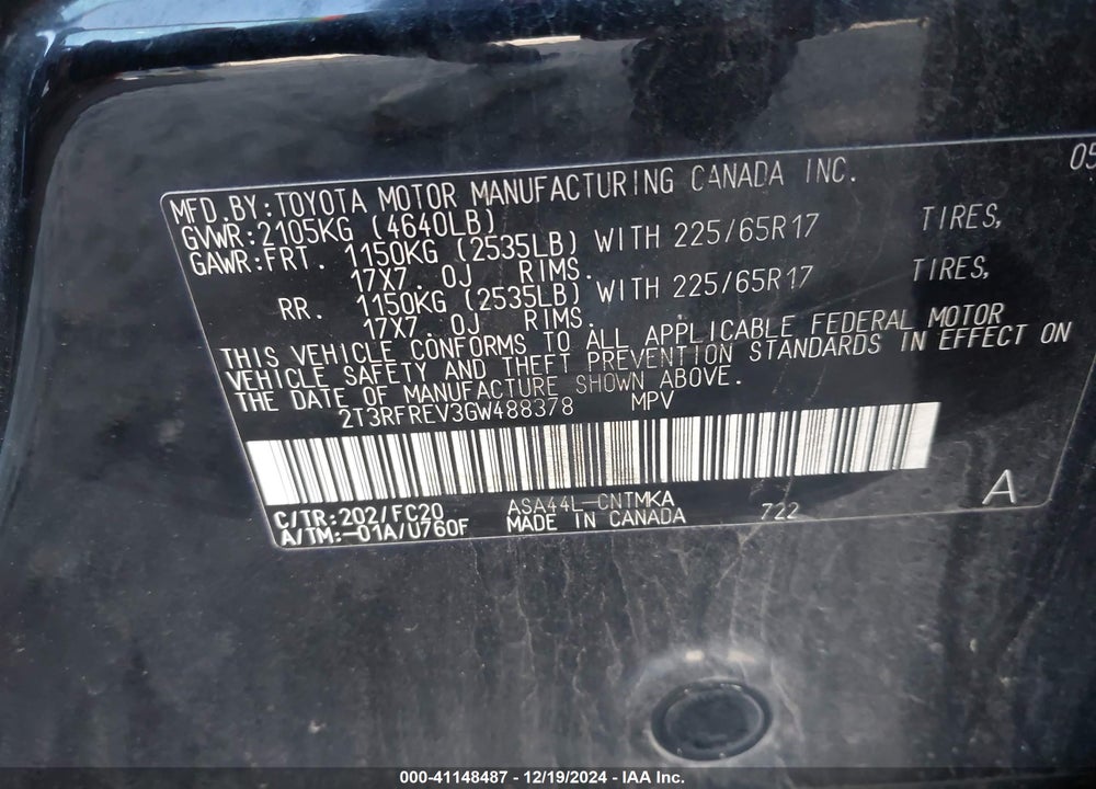 2016 TOYOTA RAV4 XLE VIN: 2T3RFREV3GW488378