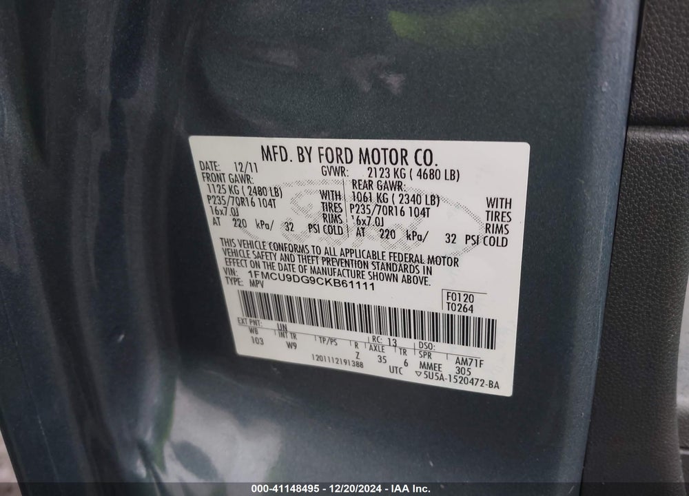 2012 FORD ESCAPE XLT VIN: 1FMCU9DG9CKB61111