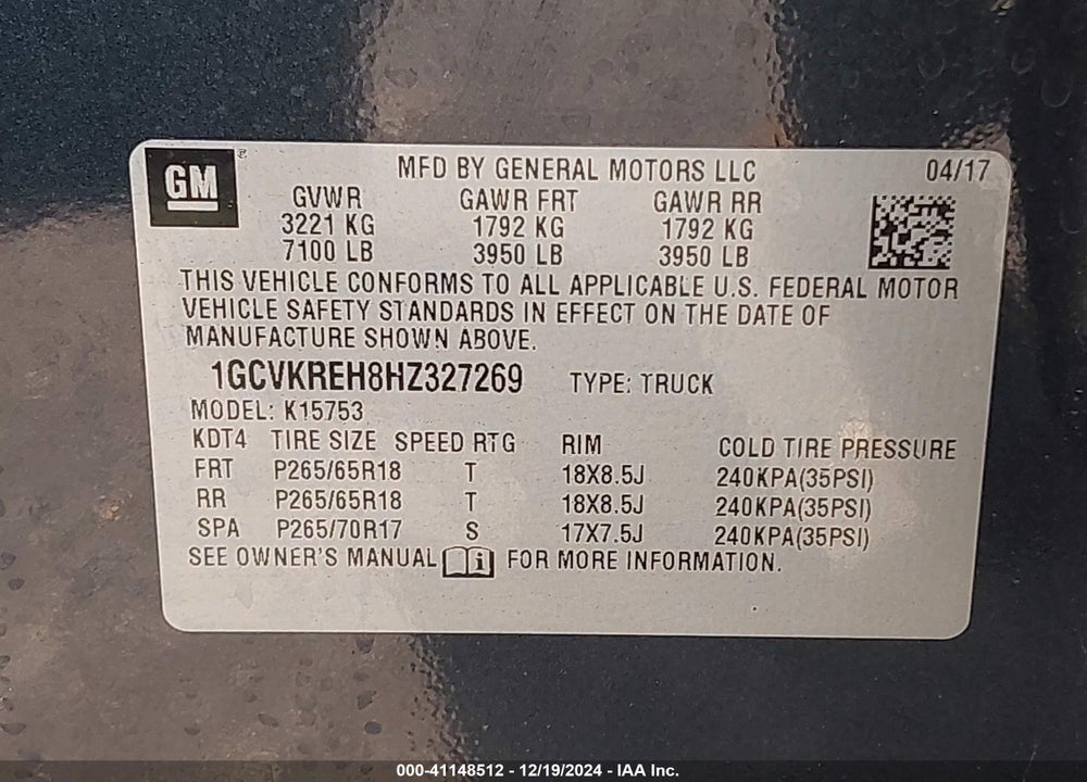 2017 CHEVROLET SILVERADO 1500 1LT VIN: 1GCVKREH8HZ327269