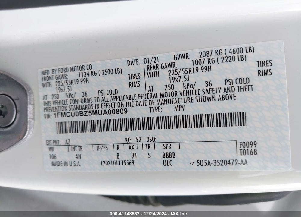 2021 FORD ESCAPE SE HYBRID VIN: 1FMCU0BZ5MUA00809