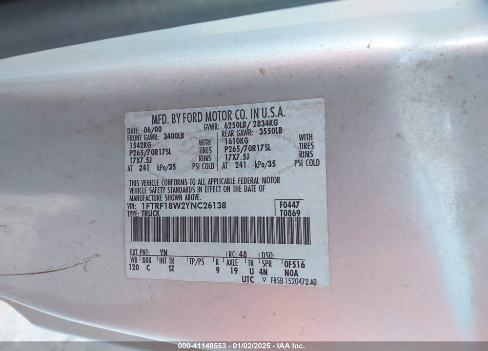 2000 FORD F-150 WORK SERIES/XL/XLT VIN: 1FTRF18W2YNC26138
