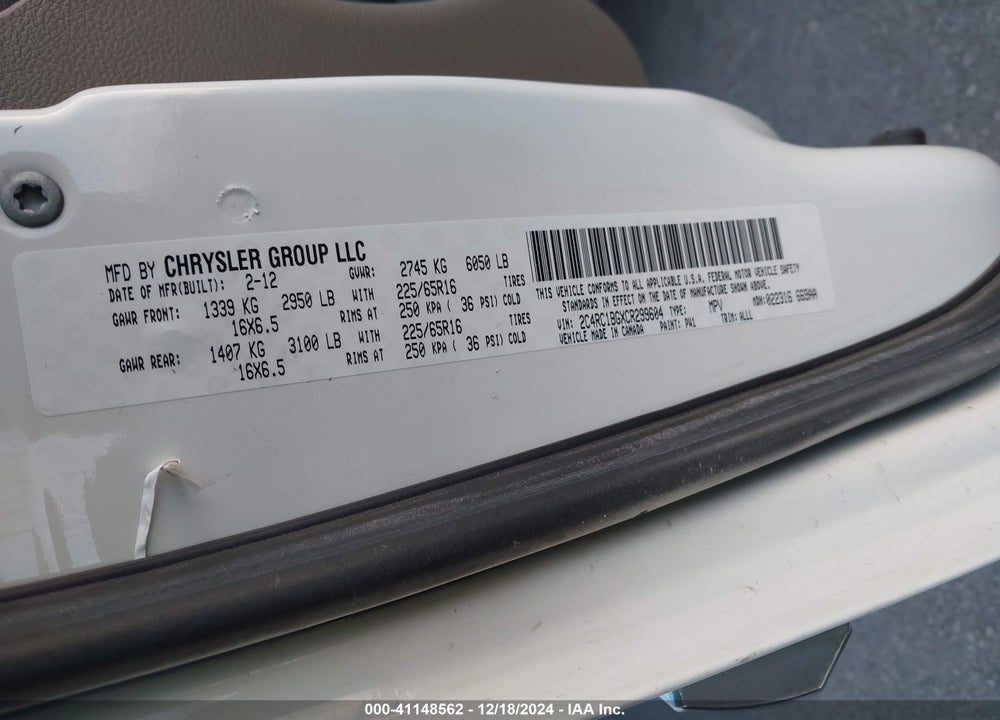 2012 CHRYSLER TOWN & COUNTRY TOURING VIN: 2C4RC1BGXCR299604