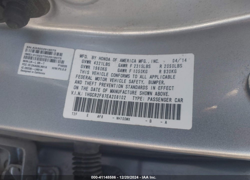 2014 HONDA ACCORD EX-L VIN: 1HGCR2F87EA208102