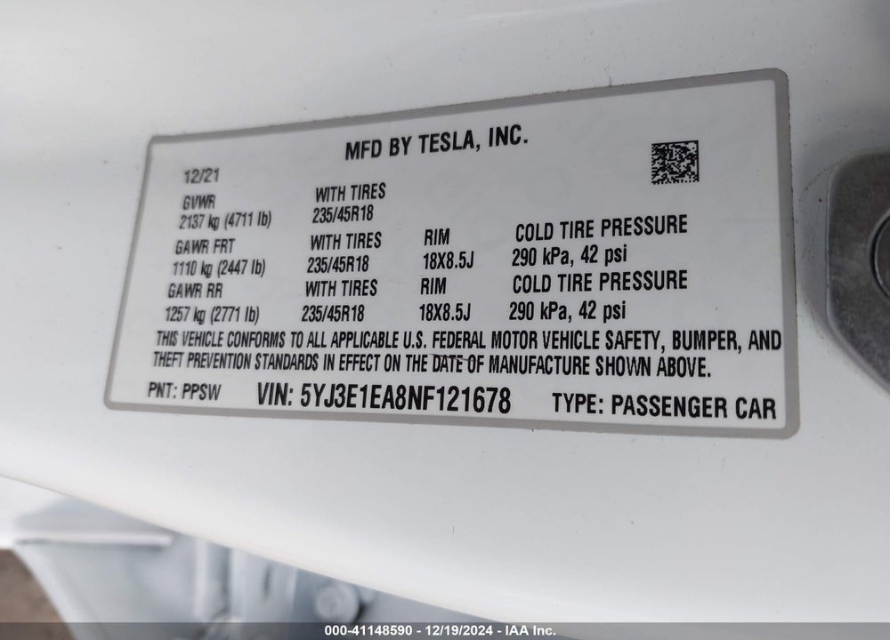 2022 TESLA MODEL 3 REAR-WHEEL DRIVE VIN: 5YJ3E1EA8NF121678