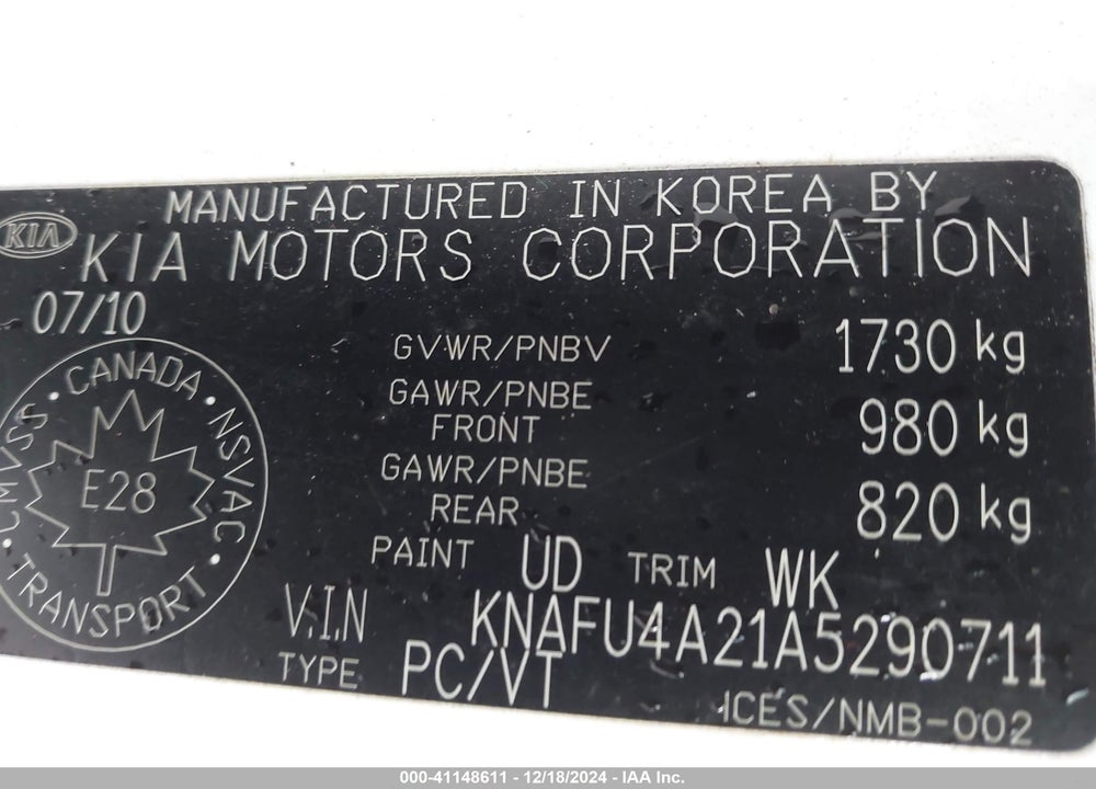 2010 KIA FORTE EX VIN: KNAFU4A21A5290711