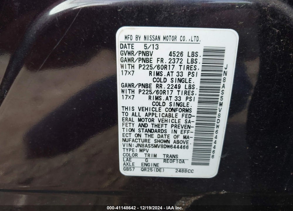 2013 NISSAN ROGUE SV VIN: JN8AS5MV8DW644466
