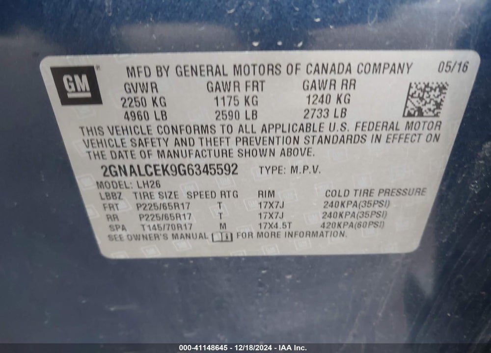 2016 CHEVROLET EQUINOX LT VIN: 2GNALCEK9G6345592