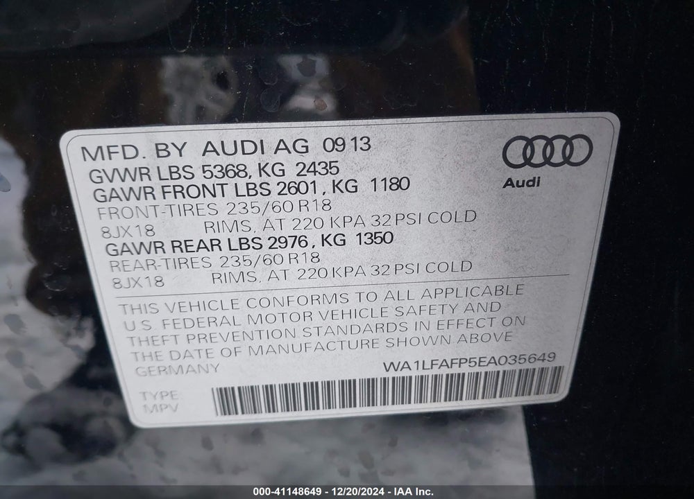 2014 AUDI Q5 2.0T PREMIUM VIN: WA1LFAFP5EA035649