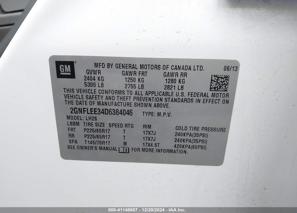 2013 CHEVROLET EQUINOX 1LT VIN: 2GNFLEE34D6384046