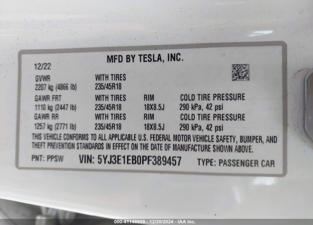 2023 TESLA MODEL 3 VIN: 5YJ3E1EB0PF389457