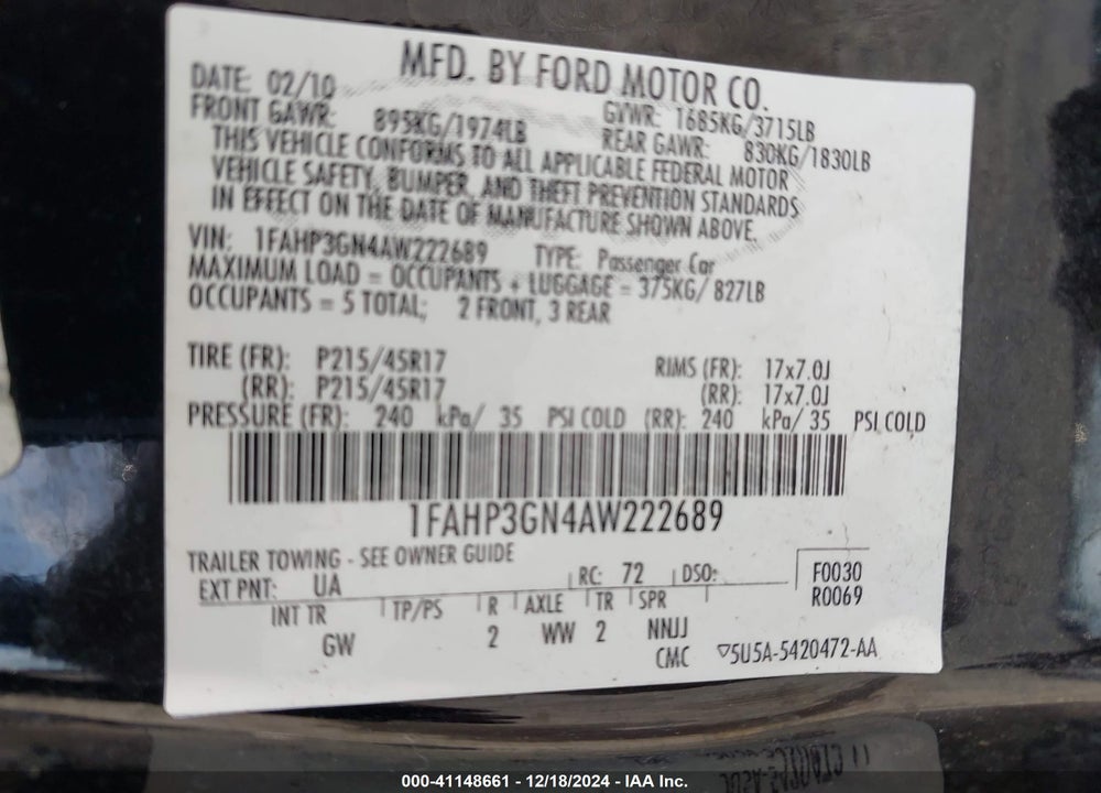 2010 FORD FOCUS SES VIN: 1FAHP3GN4AW222689