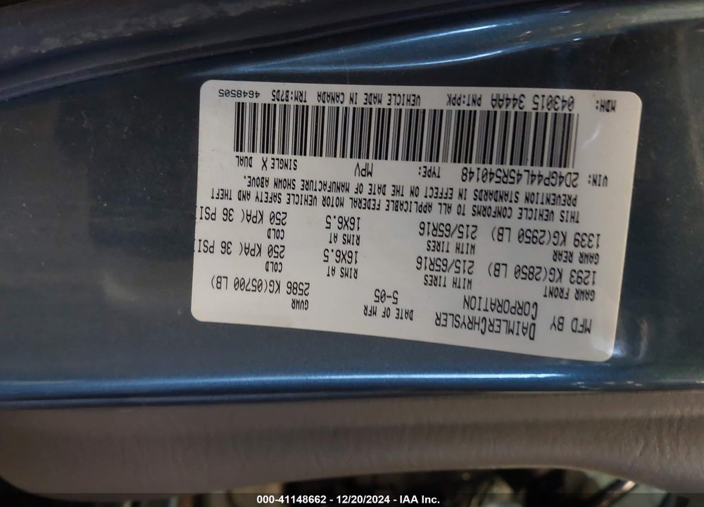 2005 DODGE GRAND CARAVAN SXT VIN: 2D4GP44L45R540148
