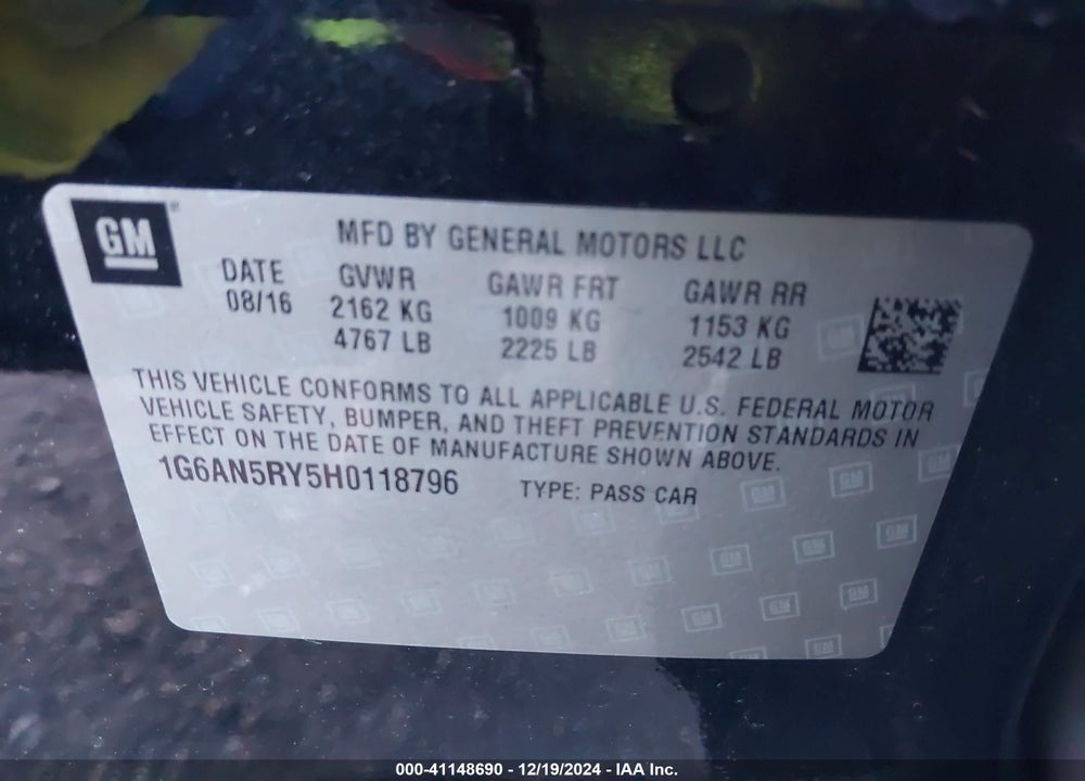 2017 CADILLAC ATS-V VIN: 1G6AN5RY5H0118796