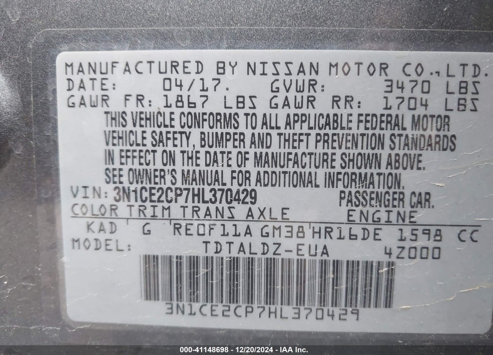 2017 NISSAN VERSA NOTE SV VIN: 3N1CE2CP7HL370429