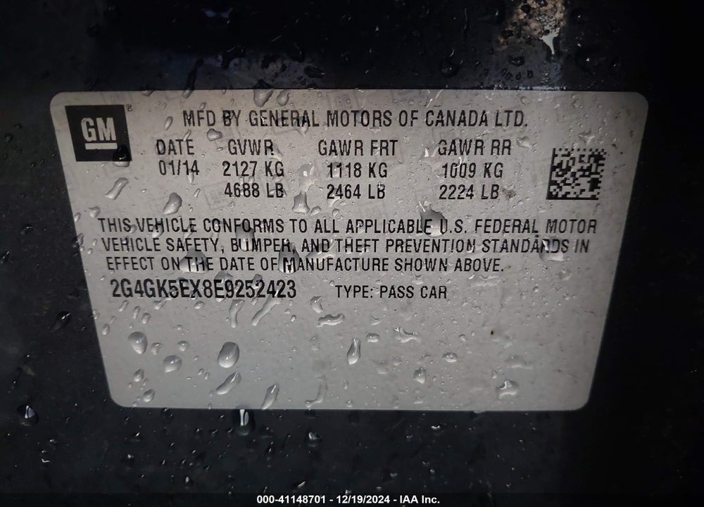 2014 BUICK REGAL TURBO VIN: 2G4GK5EX8E9252423