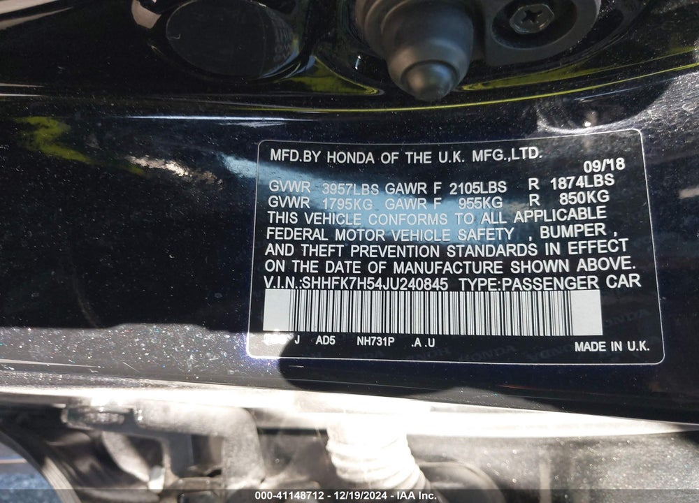 2018 HONDA CIVIC EX VIN: SHHFK7H54JU240845