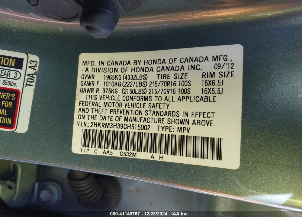 2012 HONDA CR-V LX VIN: 2HKRM3H39CH515002