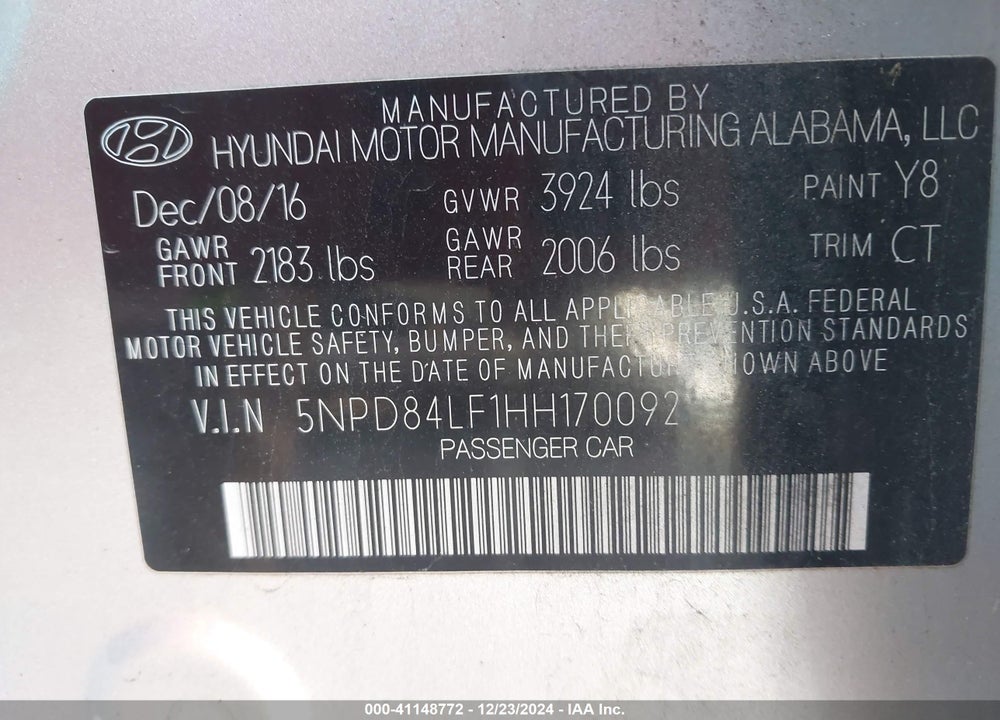 2017 HYUNDAI ELANTRA VALUE EDITION VIN: 5NPD84LF1HH170092
