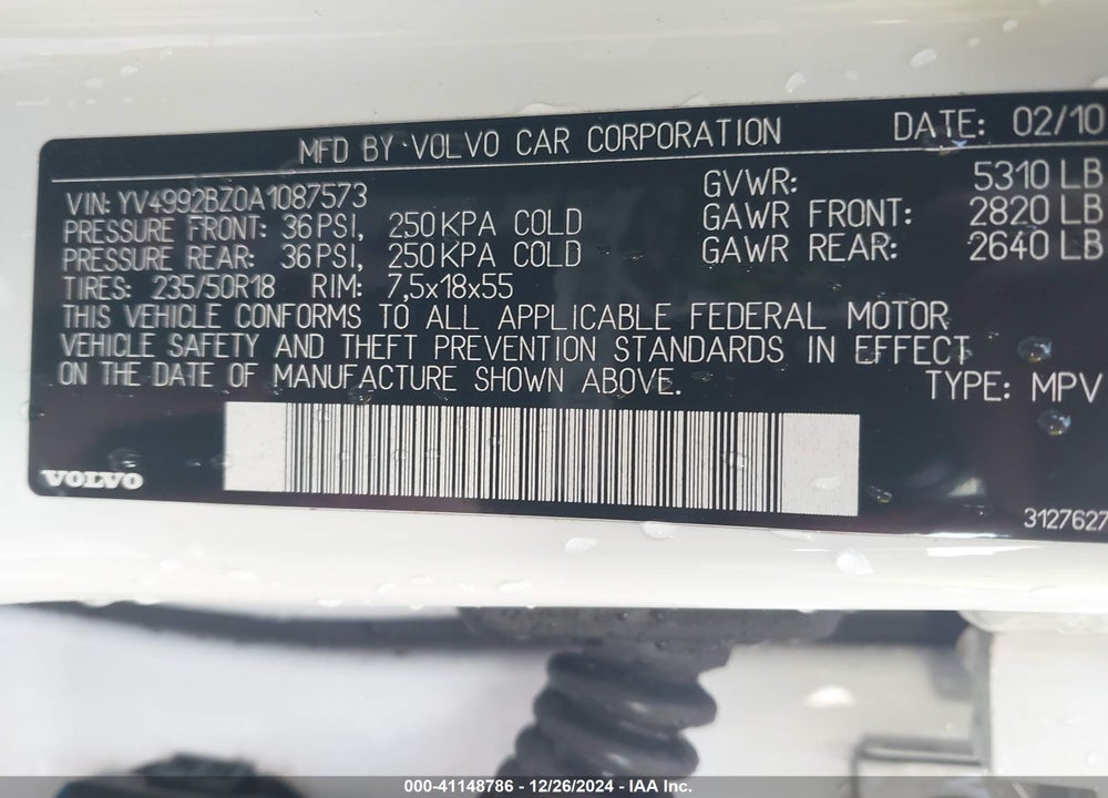 2010 VOLVO XC70 T6 VIN: YV4992BZ0A1087573