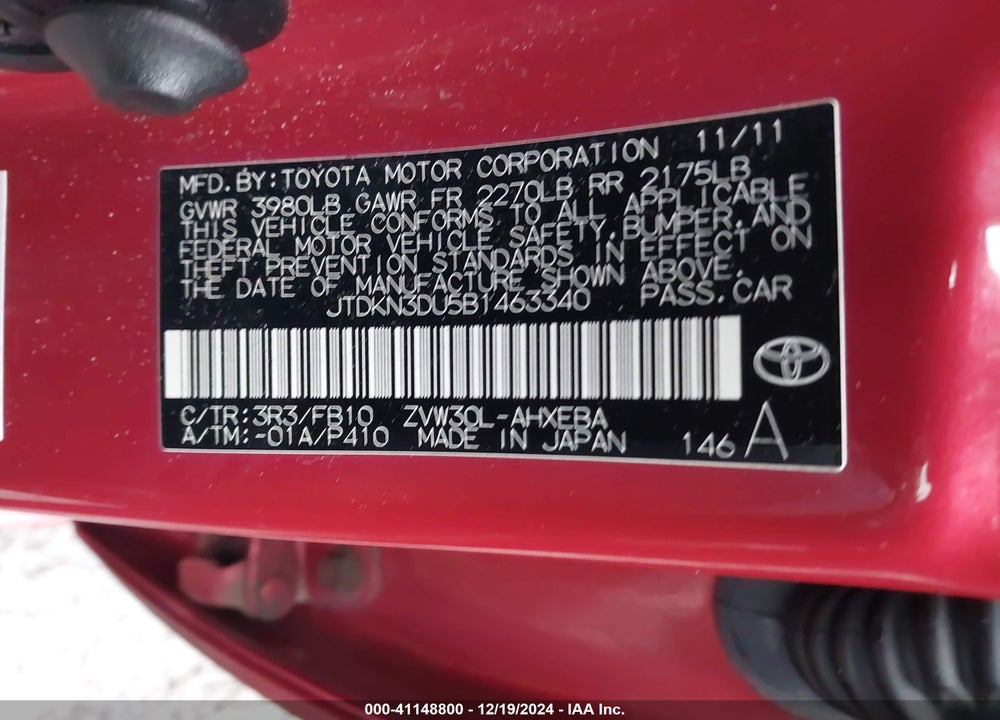 2011 TOYOTA PRIUS VIN: JTDKN3DU5B1463340