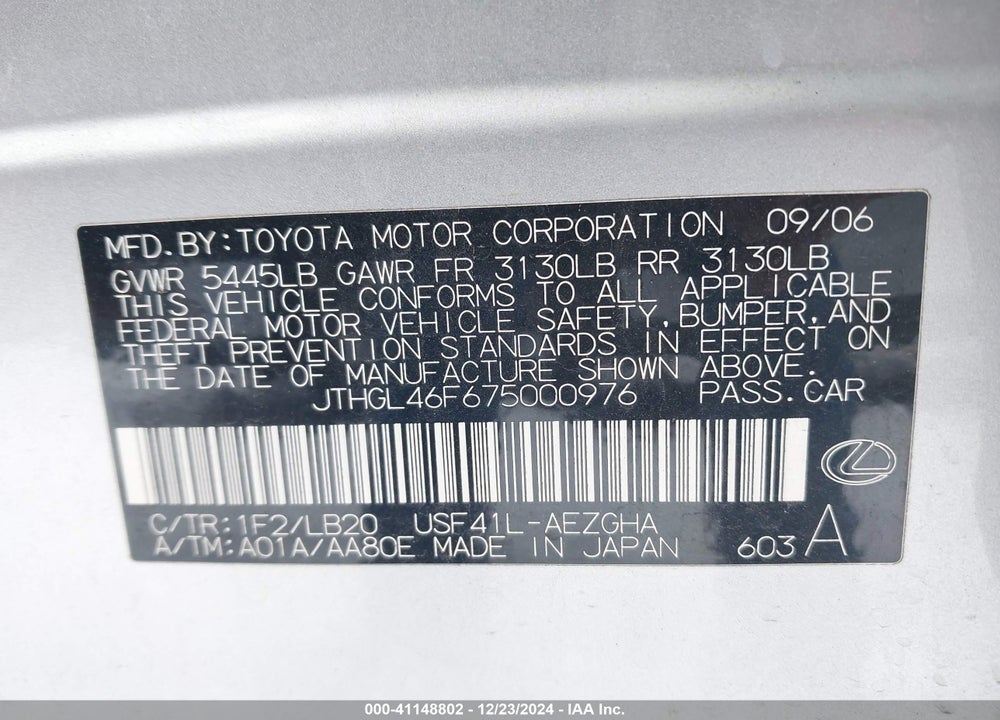 2007 LEXUS LS 460 L VIN: JTHGL46F675000976