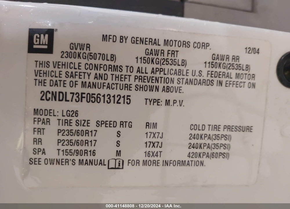2005 CHEVROLET EQUINOX LT VIN: 2CNDL73F056131215