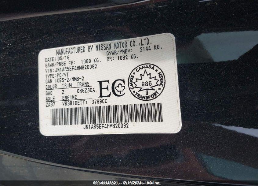 2017 NISSAN GT-R VIN: JN1AR5EF4HM820092