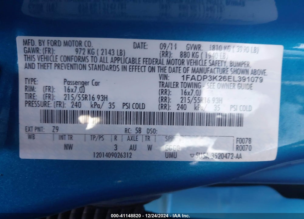 2014 FORD FOCUS SE VIN: 1FADP3K26EL391079