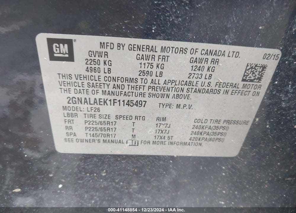 2015 CHEVROLET EQUINOX LS VIN: 2GNALAEK1F1145497